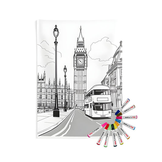 Indoor wall tapestry of London's iconic Elizabeth Tower and double-decker bus illustration