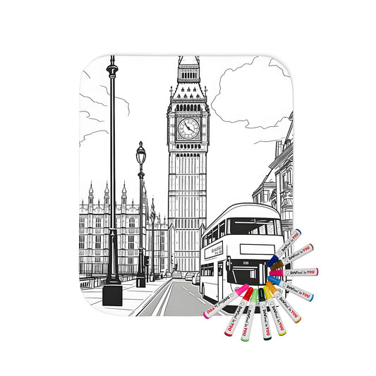 Cozy blanket with iconic London landmark illustrations and fun transportation details