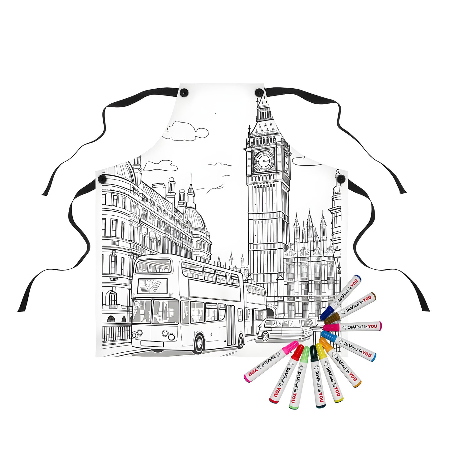 Detailed illustration apron, big ben, double-decker bus, london cityscape, england, uk