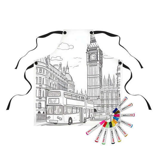 Detailed illustration apron, big ben, double-decker bus, london cityscape, england, uk