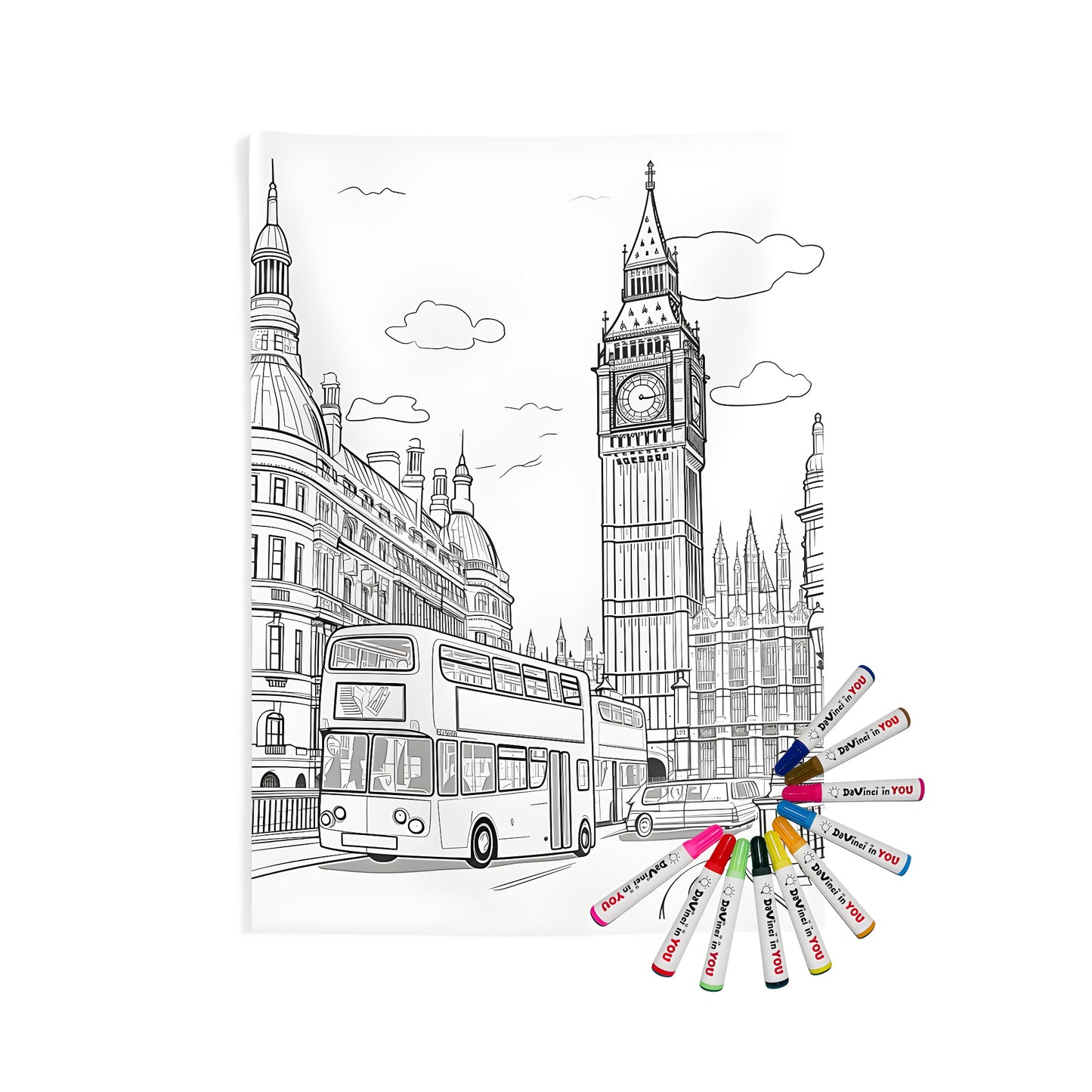 Large indoor wall tapestries featuring detailed illustrations of Big Ben, double-decker buses, and iconic London cityscapes, perfect for adding a touch of British charm to any room.