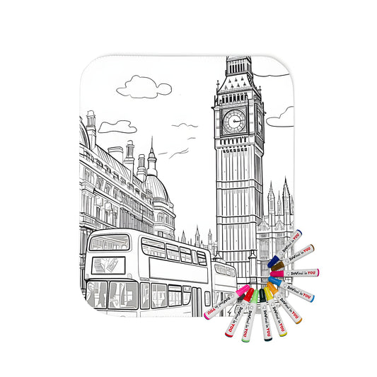 Colouring kit accessories with blanket featuring iconic London landmarks