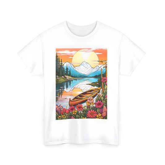 Unisex T-shirt with vibrant mountain landscape design featuring lake scene and colorful flowers under sunset sky