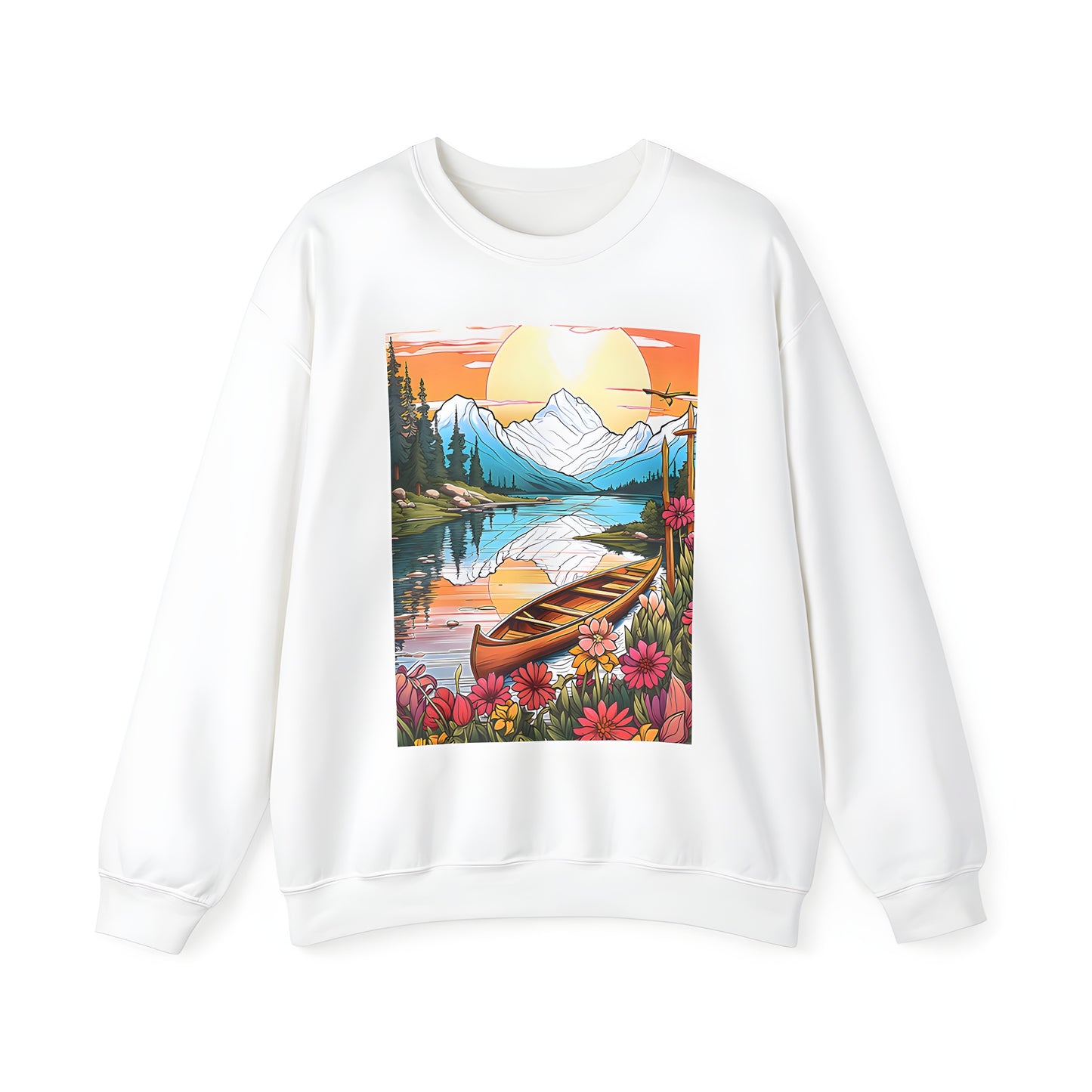 Adult Sweatshirt featuring a vibrant mountain landscape design with a lake, wooden canoe, and colorful flowers under a sunset sky