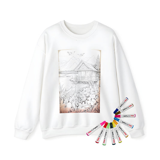 Adult sweatshirt featuring a detailed line art of a cozy cabin scene by a serene lake, surrounded by flowers, trees, and majestic mountains with birds in flight