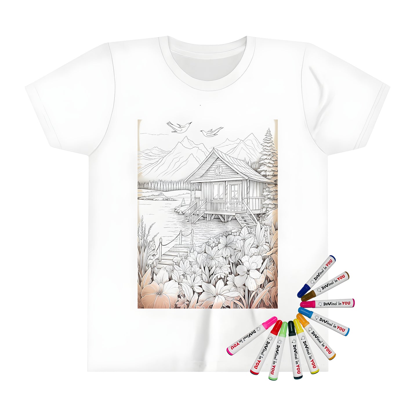 Cozy cabin themed kid's t-shirt for coloring with vibrant markers