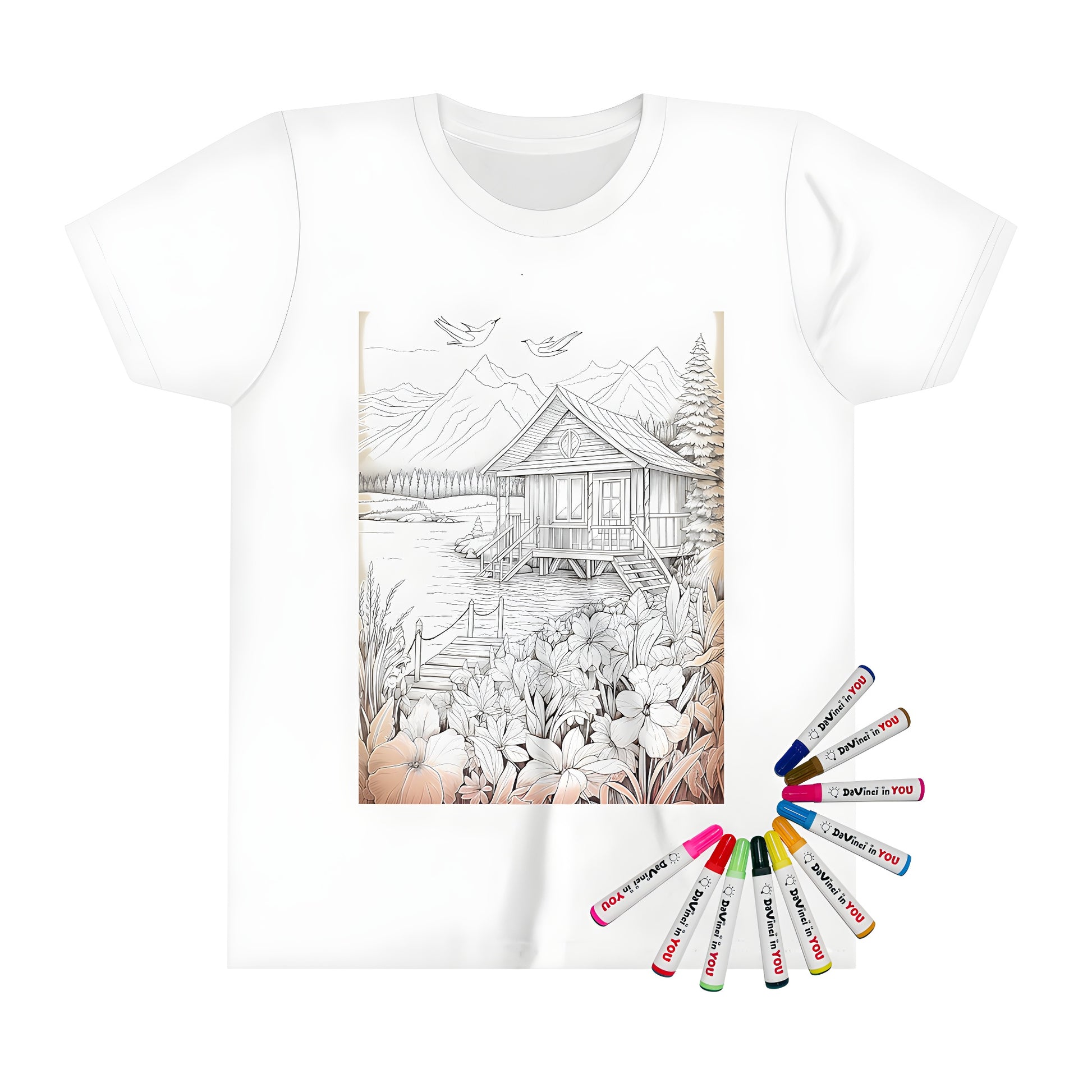 Cozy cabin themed kid's t-shirt for coloring with vibrant markers