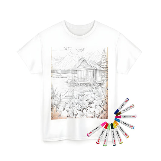 Unisex t-shirt featuring a colorful detailed cabin scene by a serene lake, surrounded by vibrant flowers, trees, and majestic mountains