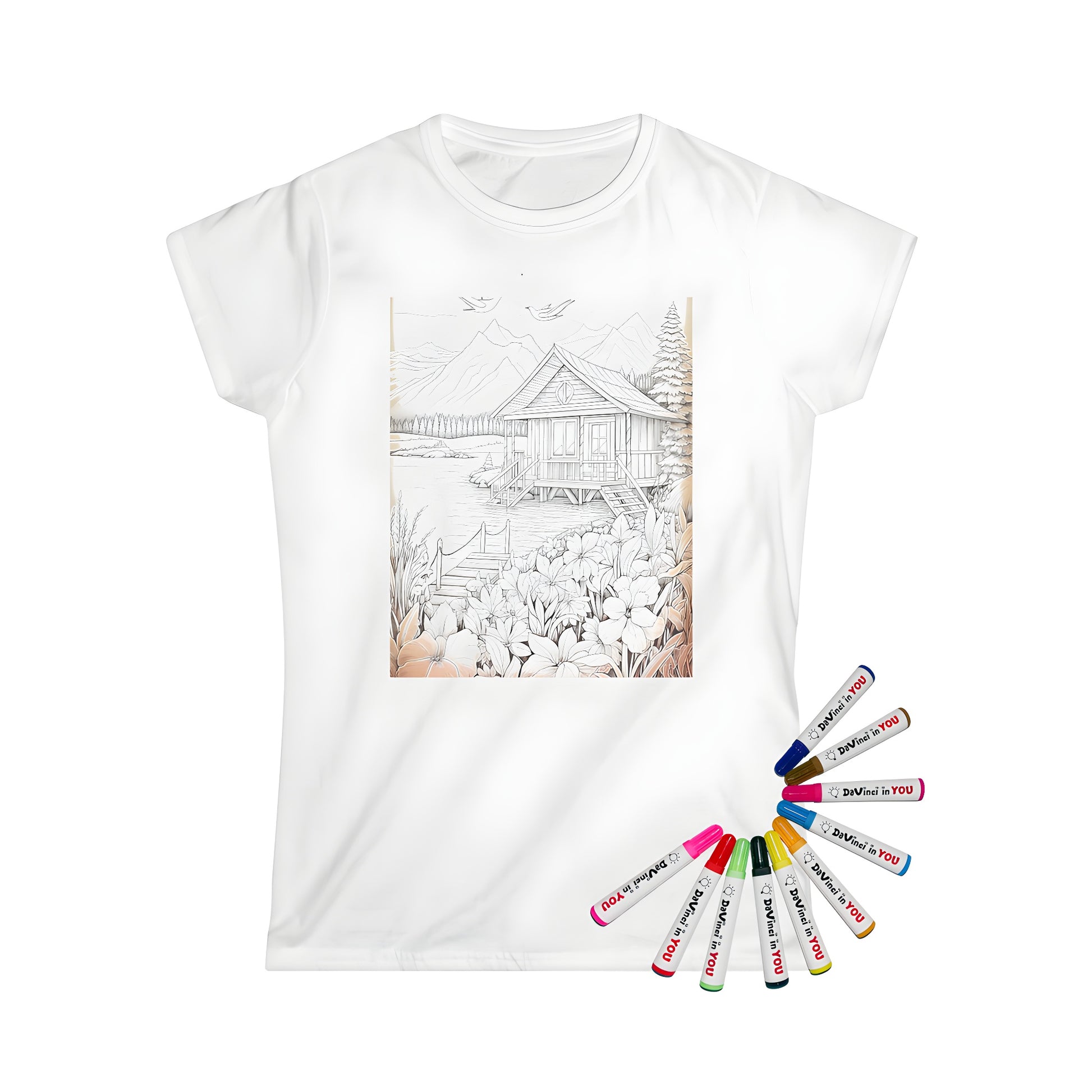 Cozy cabin scene coloring page on Women's T-shirt with lake, flowers, trees and mountains