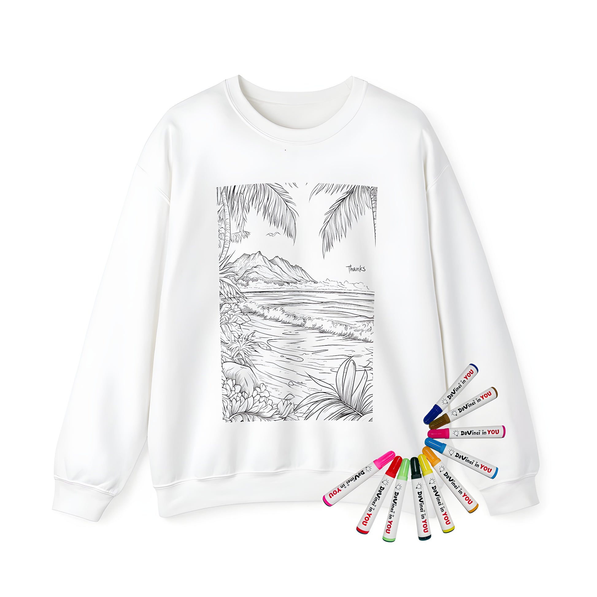 Adult Sweatshirt with Tropical Beach Illustration Design - Palm Tree Paradise, Island Getaway, Vacation Vibes