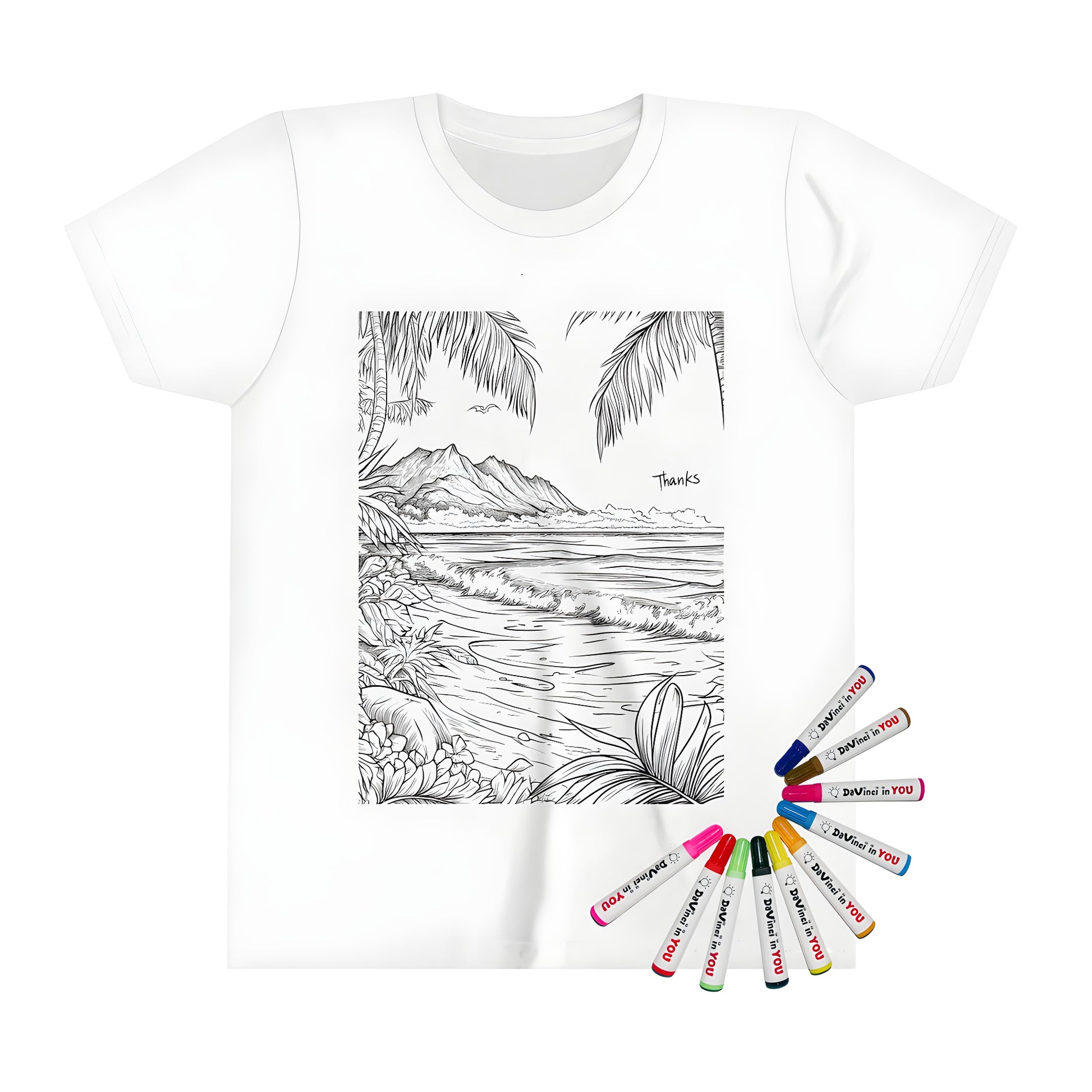 Coloring kit for kids featuring a fun tropical island scene on a black and white illustration