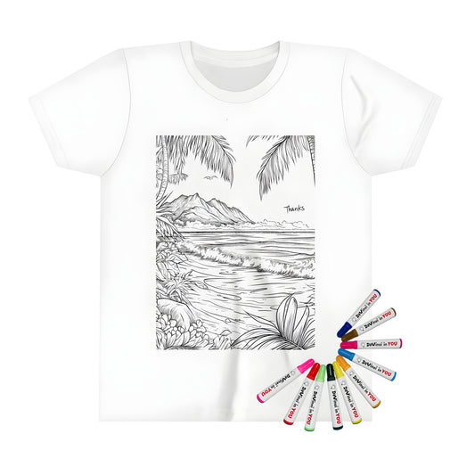 Coloring kit for kids featuring a fun tropical island scene on a black and white illustration