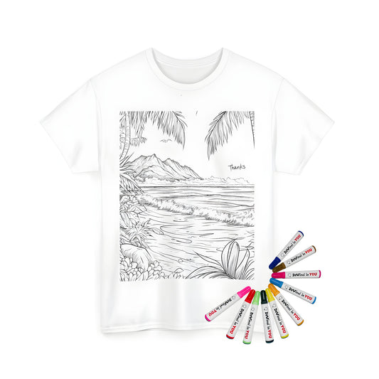 Coloring kit for kids featuring a unisex t-shirt with an exclusive tropical beach design, palm trees, mountains, waves, and 'Thanks' illustration