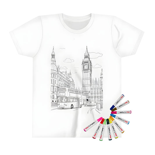 Kid's t-shirt featuring a detailed illustration of Big Ben, double-decker buses, and iconic buildings from London, perfect for kids who love the city