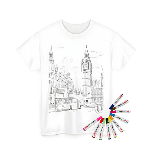 Unisex t-shirt featuring a detailed illustration of Big Ben, double-decker buses, and iconic London cityscape buildings