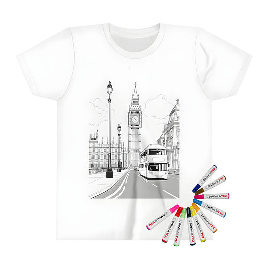 Kid's T-shirt featuring a colorful London landmark design, inspired by iconic landmarks like the Clock Tower, Elizabeth Tower, or simply Big Ben