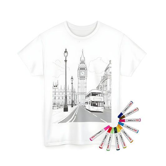 Big Ben clock tower illustration with a London double-decker bus graphic design printed on a unisex t-shirt