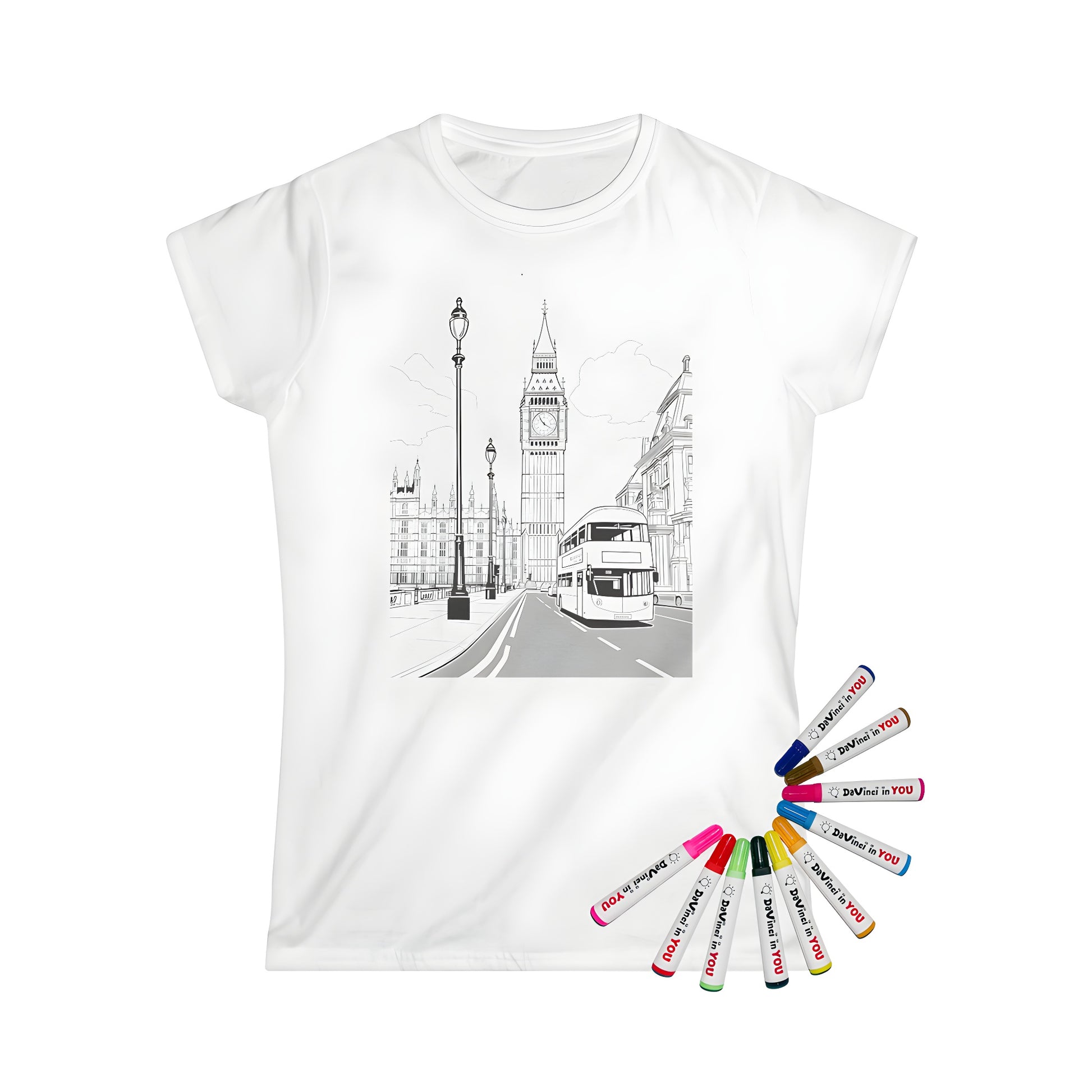 Women's T-shirt featuring a vintage illustration of London's famous clock tower (also known as Elizabeth Tower or St. Stephen's Tower) and a classic red double-decker bus, perfect for fans of the British city.