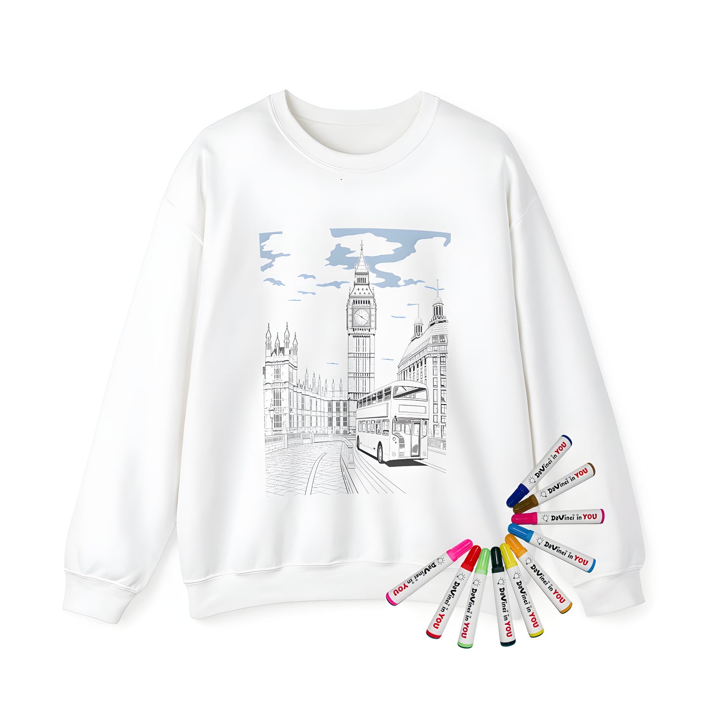 Adult sweatshirt featuring an illustration of Big Ben, London bus, and city architecture against a partly cloudy sky