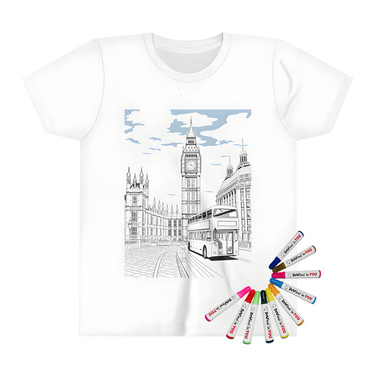 Kid's t-shirt featuring a colourful illustration of Big Ben, double-decker buses and iconic London landmarks against a partly cloudy sky