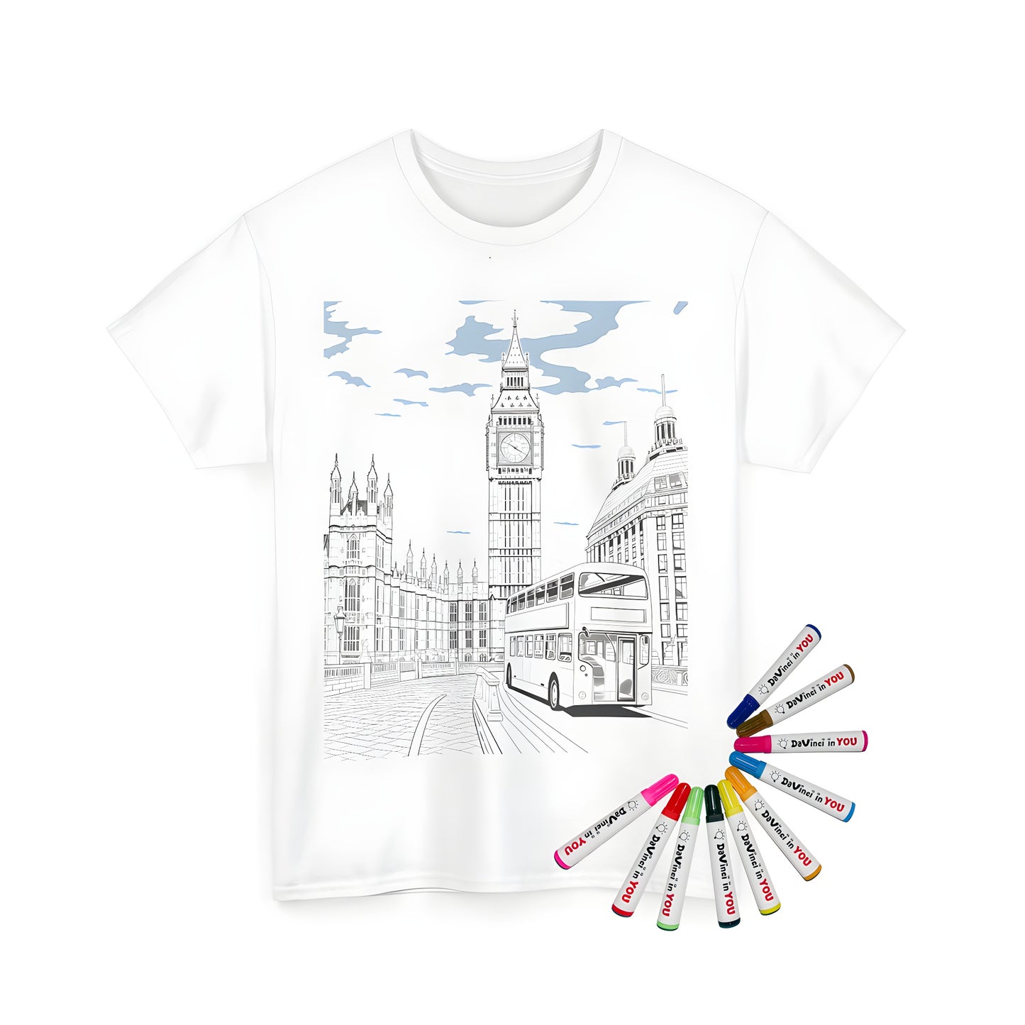 Illustration of Big Ben, double-decker bus, and London architecture on a unisex t-shirt coloring kit with 10 fabric markers