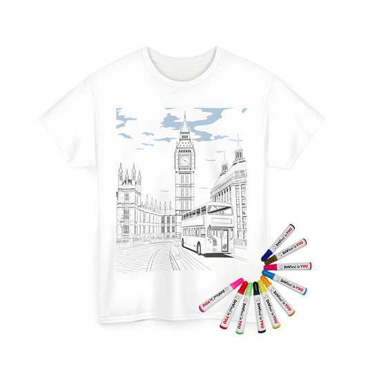 Illustration of Big Ben, double-decker bus, and London architecture on a unisex t-shirt coloring kit with 10 fabric markers