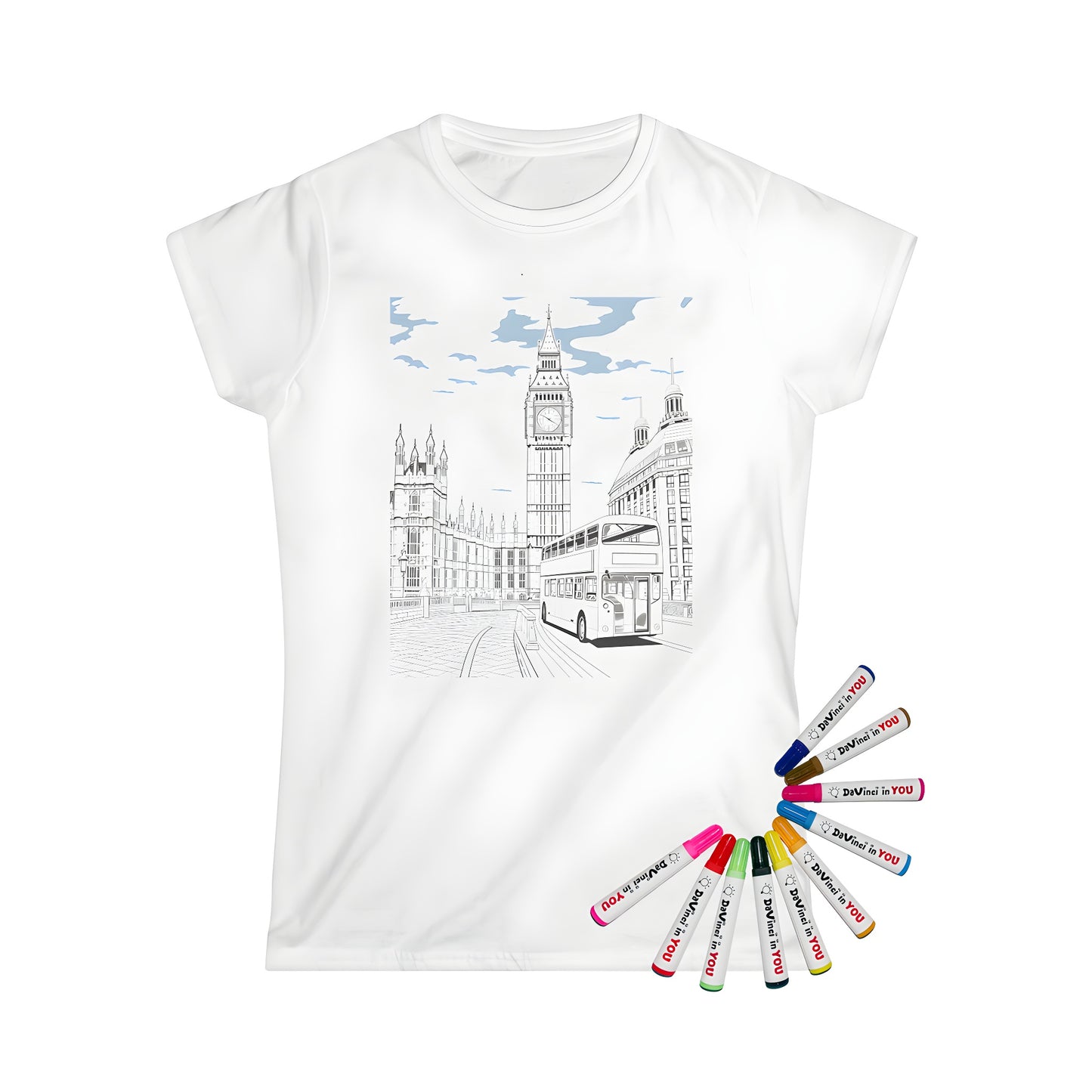 London-inspired Women's t-shirt featuring Big Ben, double-decker bus, and iconic architecture against a partly cloudy sky.