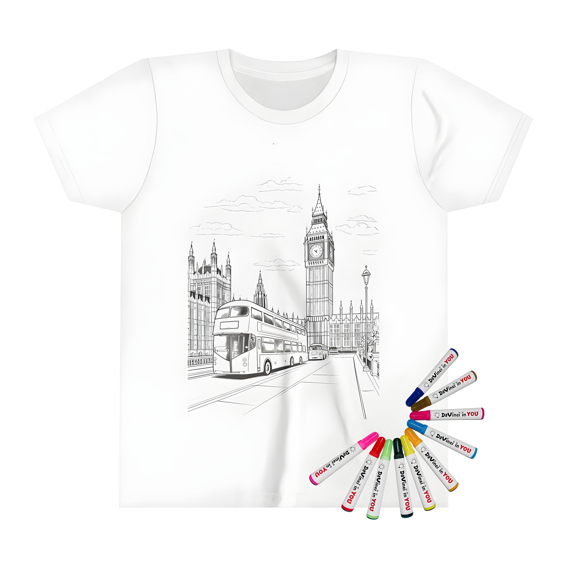 Kid's T-shirt featuring iconic Big Ben and double-decker bus designs from London landmarks