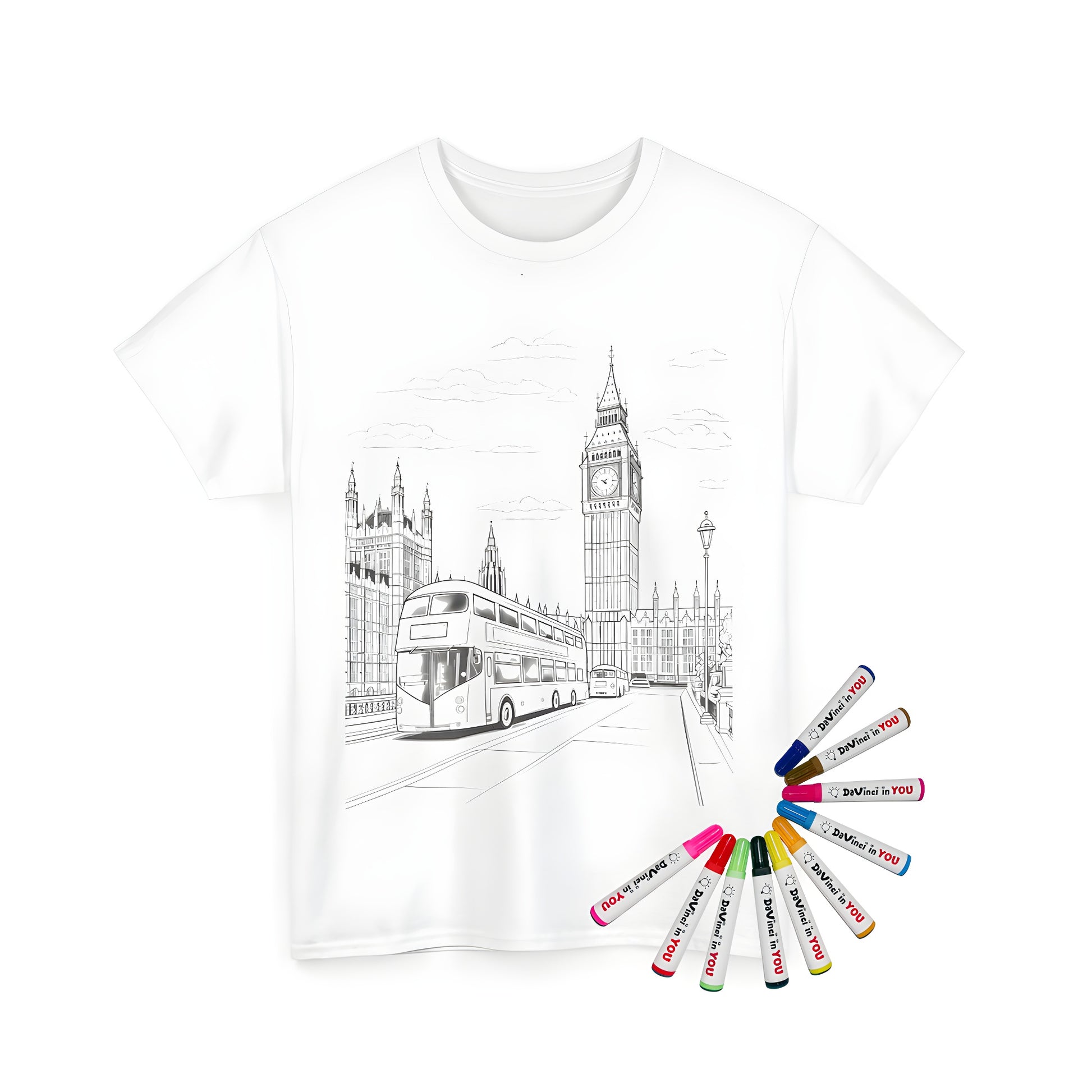 Line art of iconic London landmarks on a Unisex T-shirt, featuring Big Ben, double-decker buses and more