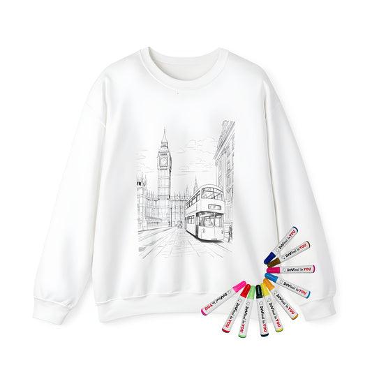 Adult sweatshirt featuring a detailed illustration of Big Ben and a classic London double-decker bus on a street