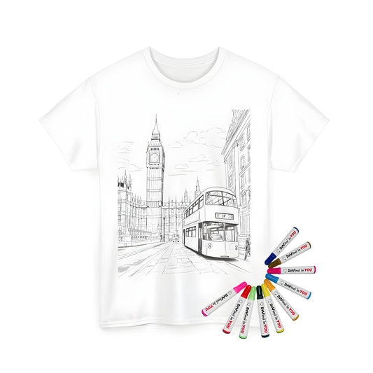 Unisex T-shirt featuring a detailed illustration of London cityscape with Big Ben and classic double-decker bus