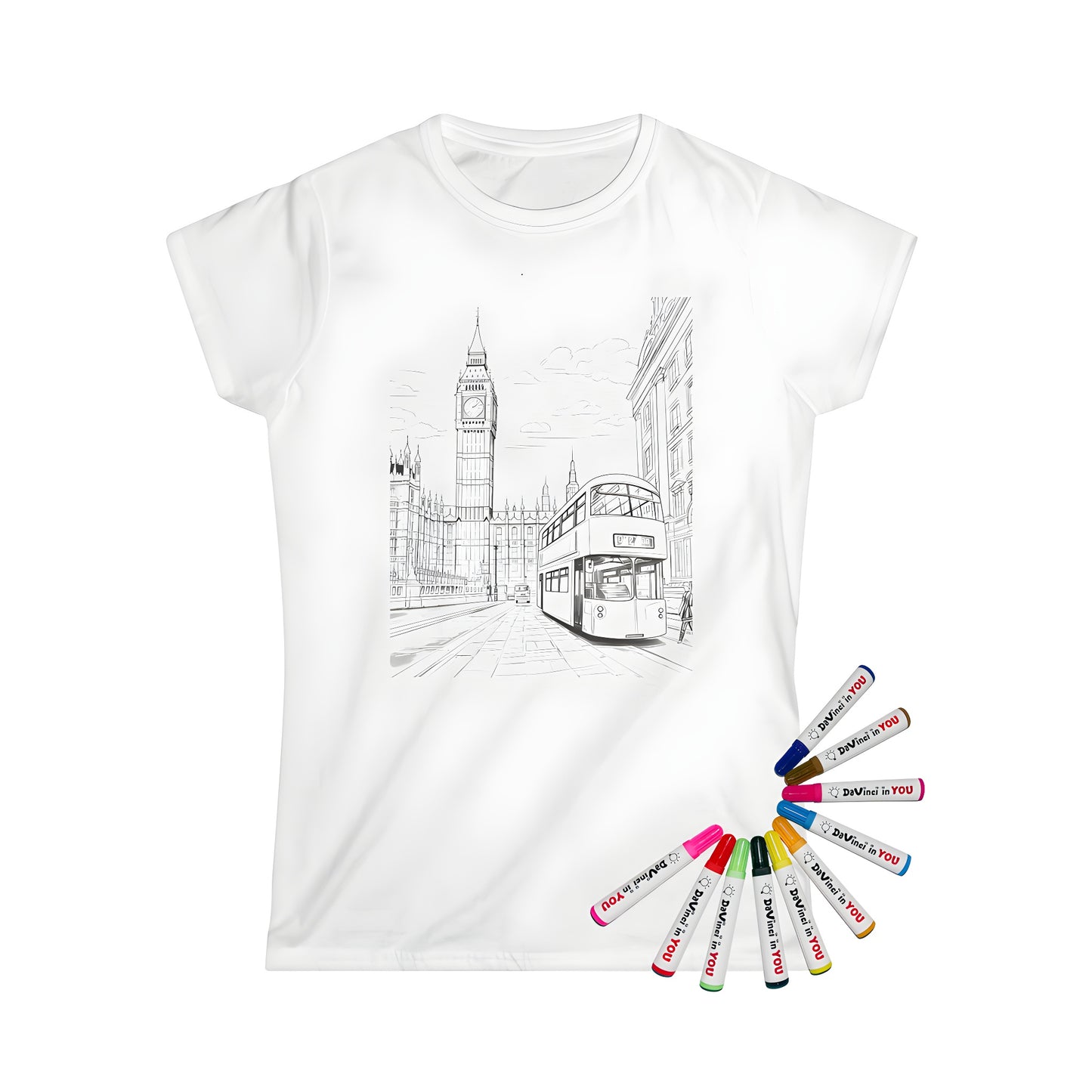 Women's t-shirt featuring a detailed illustration of London city skyline, Big Ben, and classic double-decker bus on street