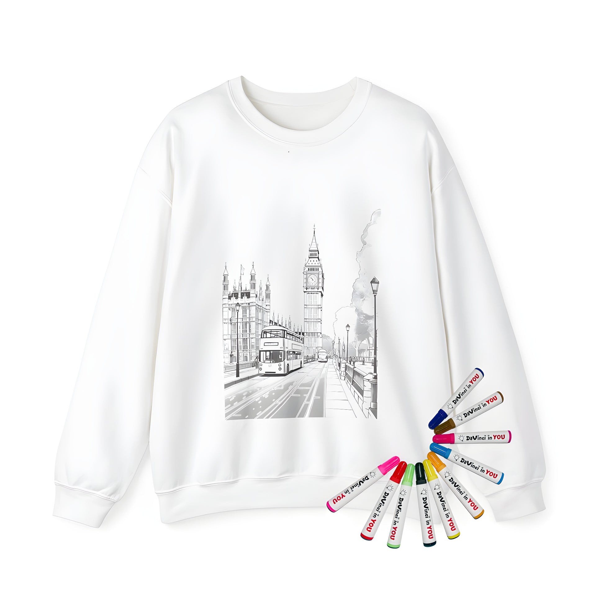 Adult sweatshirt featuring a detailed, black and white design of London's iconic landmarks: Big Ben, the Palace of Westminster, and a classic red double-decker bus. Perfect for fans of British history and culture.