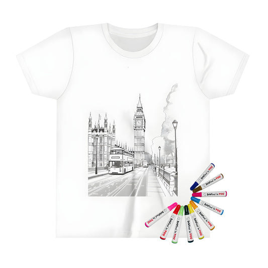 Kid's t-shirt featuring a coloring page design of London landmark, Big Ben clock tower, and the Palace of Westminster building, on a double-decker bus street scene