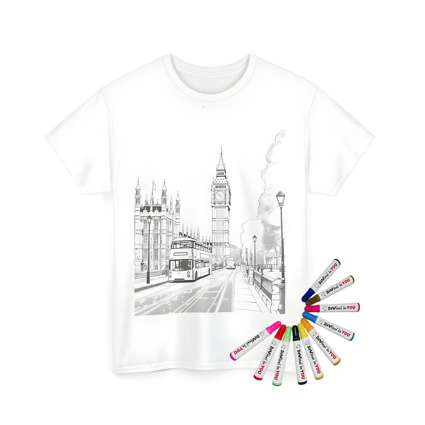 Big Ben, Palace of Westminster and London landmark coloring page design printed on a unisex t-shirt