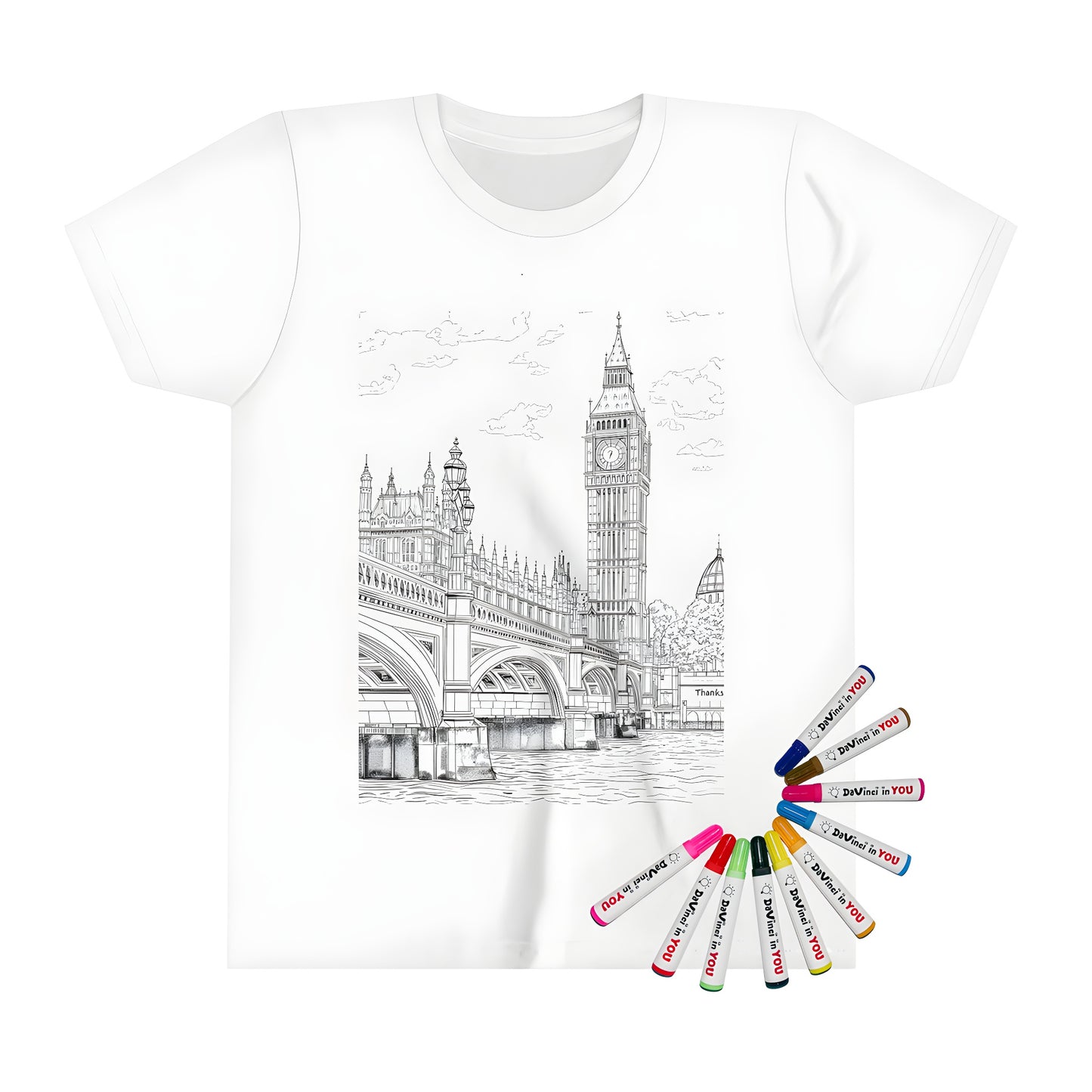 Kid's t-shirt featuring a colorful landmark design of Big Ben and Westminster Bridge