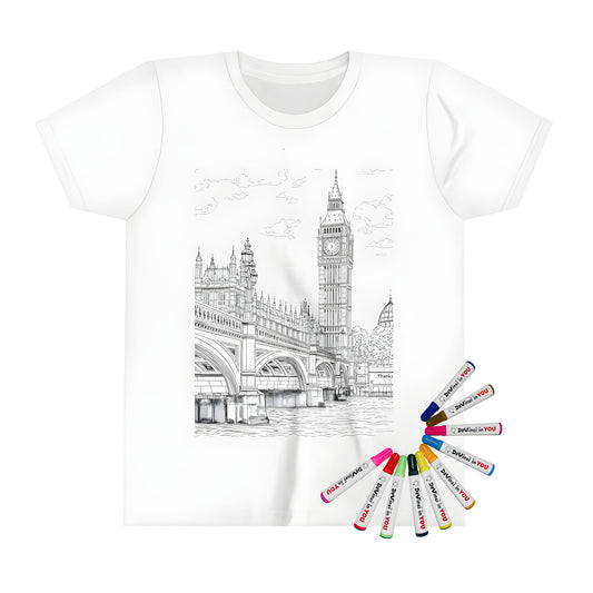 Kid's t-shirt featuring a colorful landmark design of Big Ben and Westminster Bridge