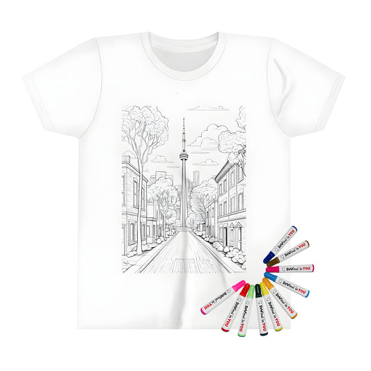 Coloring kit for kids' t-shirts with urban street scene design featuring buildings and trees