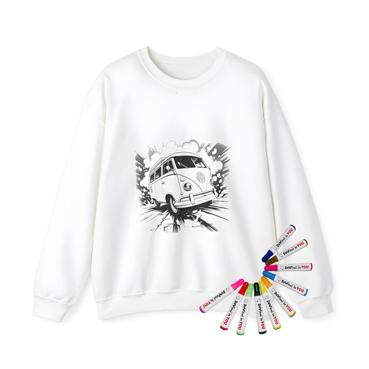 Adult sweatshirt featuring a colorful, comic-style retro bus design, perfect for VW fans and coloring enthusiasts