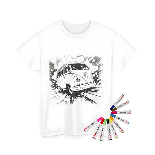 Unisex T-shirt featuring a fun, retro-style illustration of a vintage VW Beetle van on a coloring page design