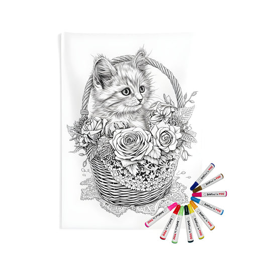 A whimsical black and white illustration of a kitten sitting in a wicker basket surrounded by vibrant flowers and intricate patterns, perfect for indoor wall decor