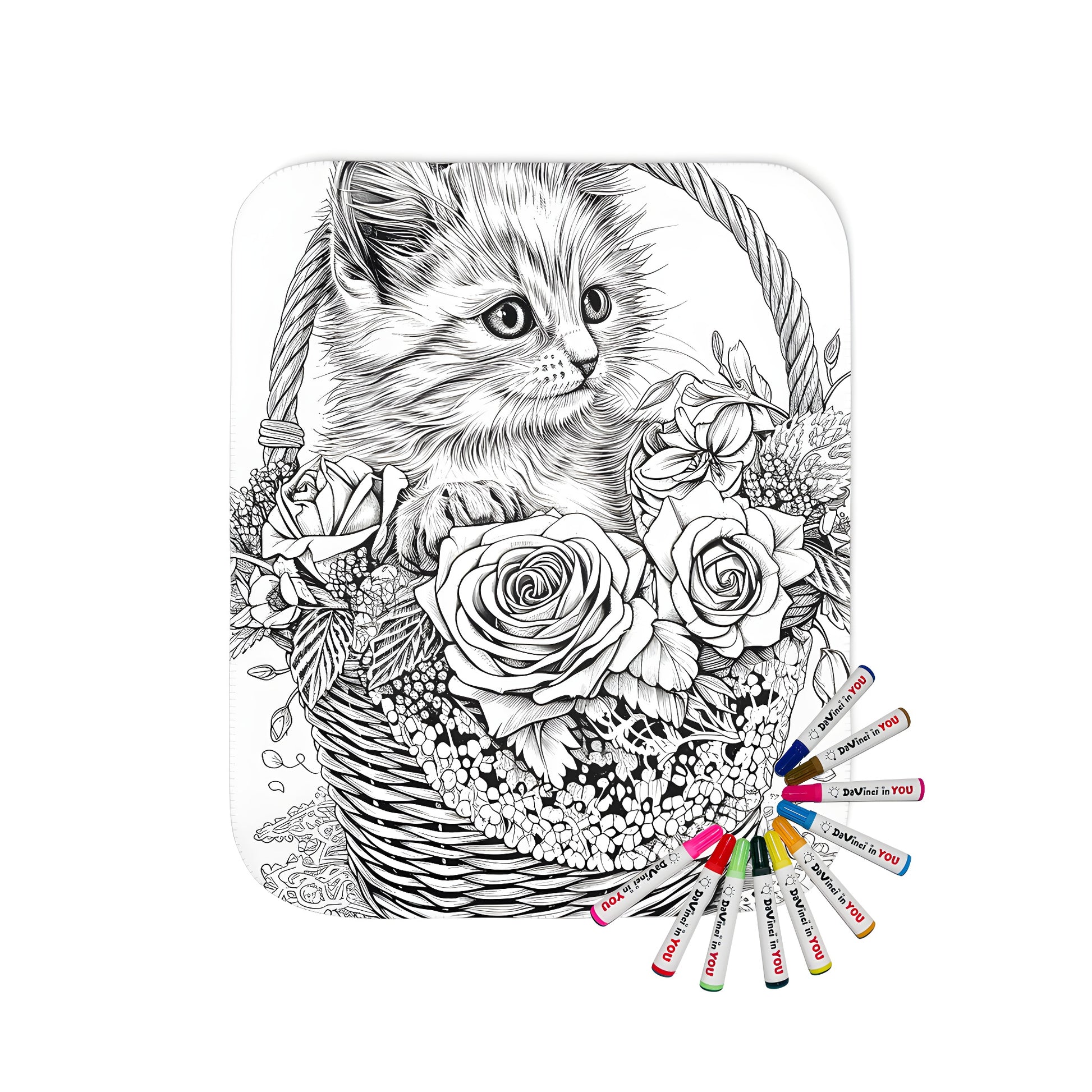 Cozy blanket with a whimsical kitten sitting in a wicker basket amidst a floral design