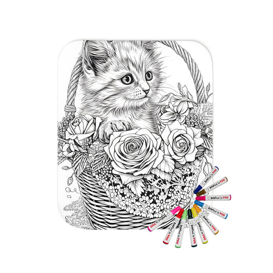 Cozy blanket with a whimsical kitten sitting in a wicker basket amidst a floral design