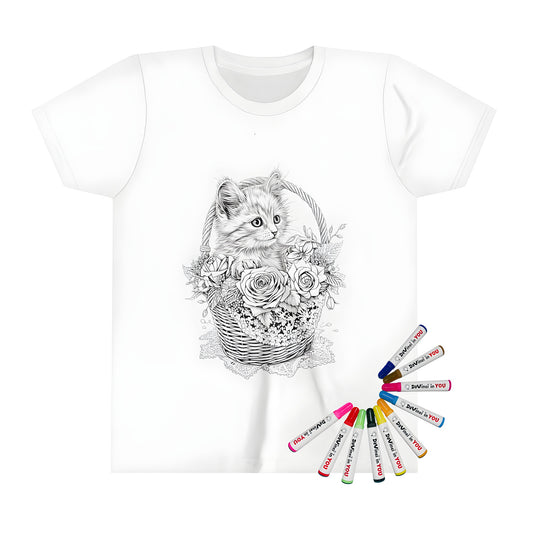 Colorful kid's t-shirt featuring a detailed illustration of a cat sitting in a flower-filled basket