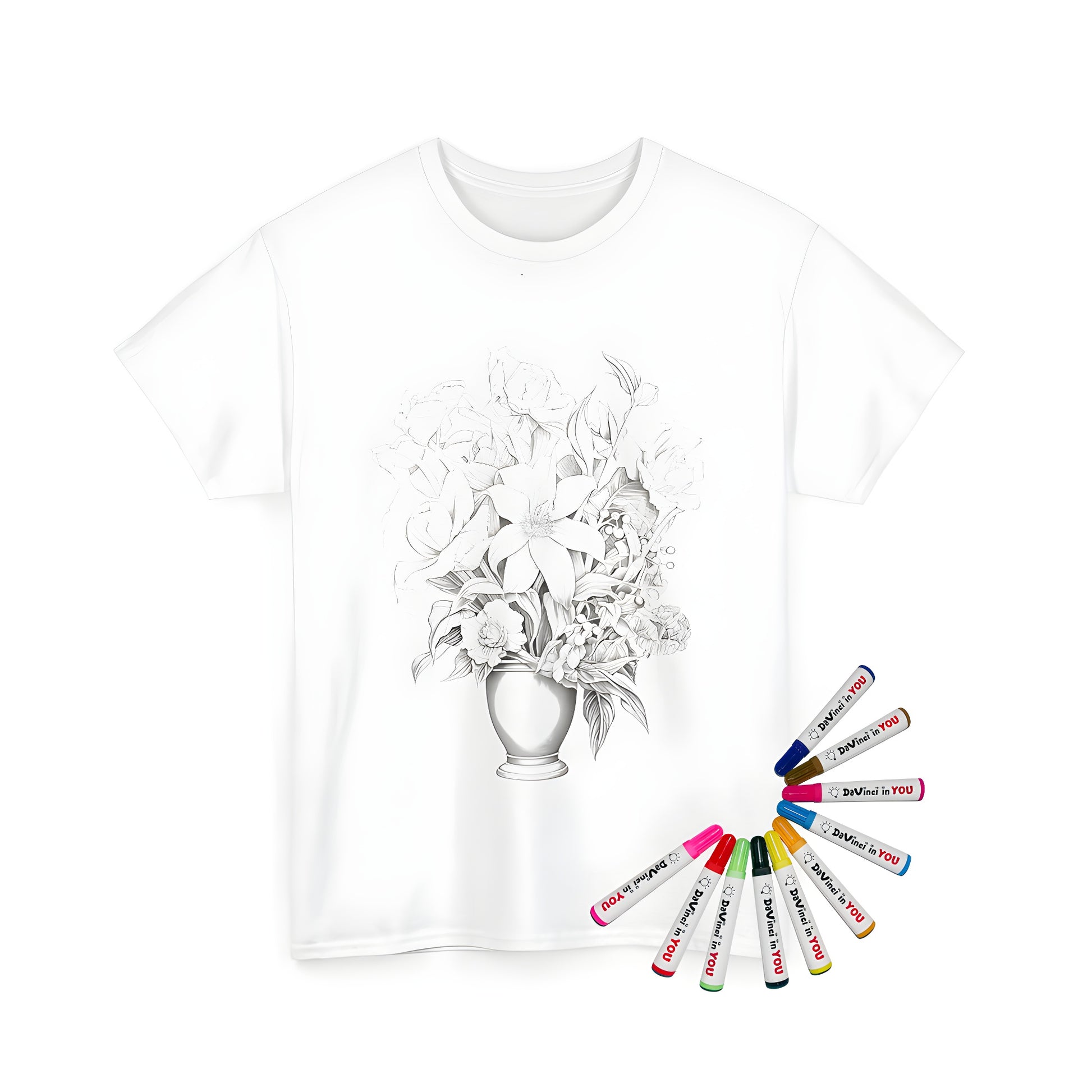 Unisex T-shirt featuring a colorful flower bouquet design with various types of blooms and leaves