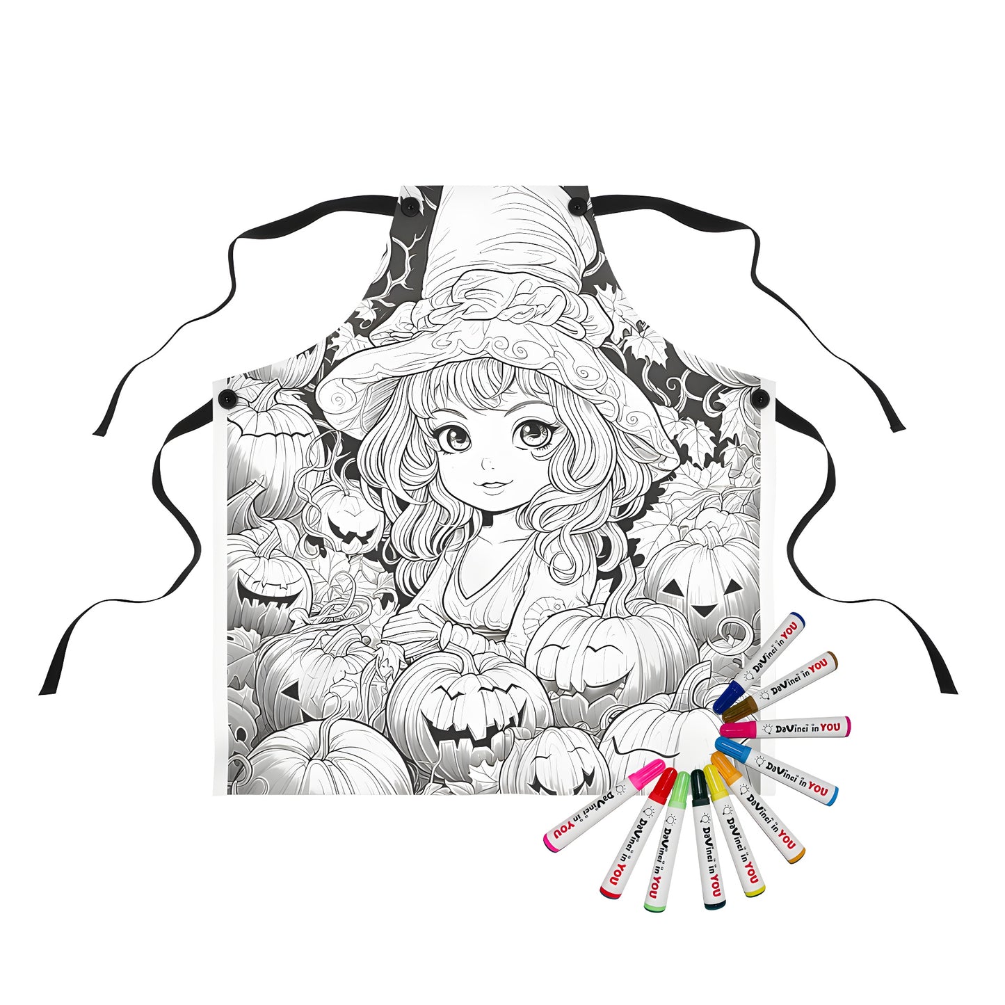 Apron with whimsical witch design, featuring a little girl in a pointed hat surrounded by carved Halloween pumpkins and autumnal leaves.