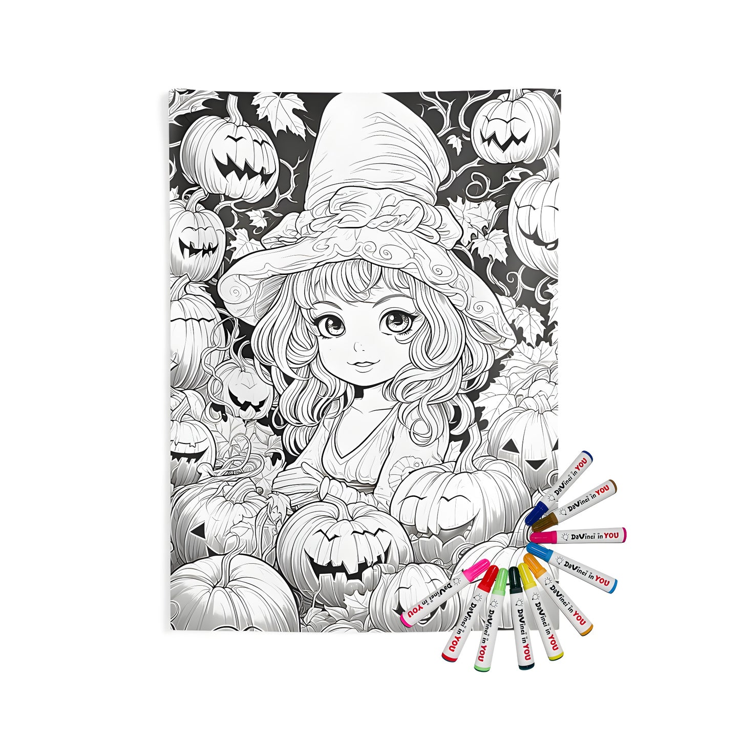 Vibrant indoor wall tapestry with witch-themed coloring page art featuring carved pumpkins, spooky fall foliage, and a little girl in a witch costume