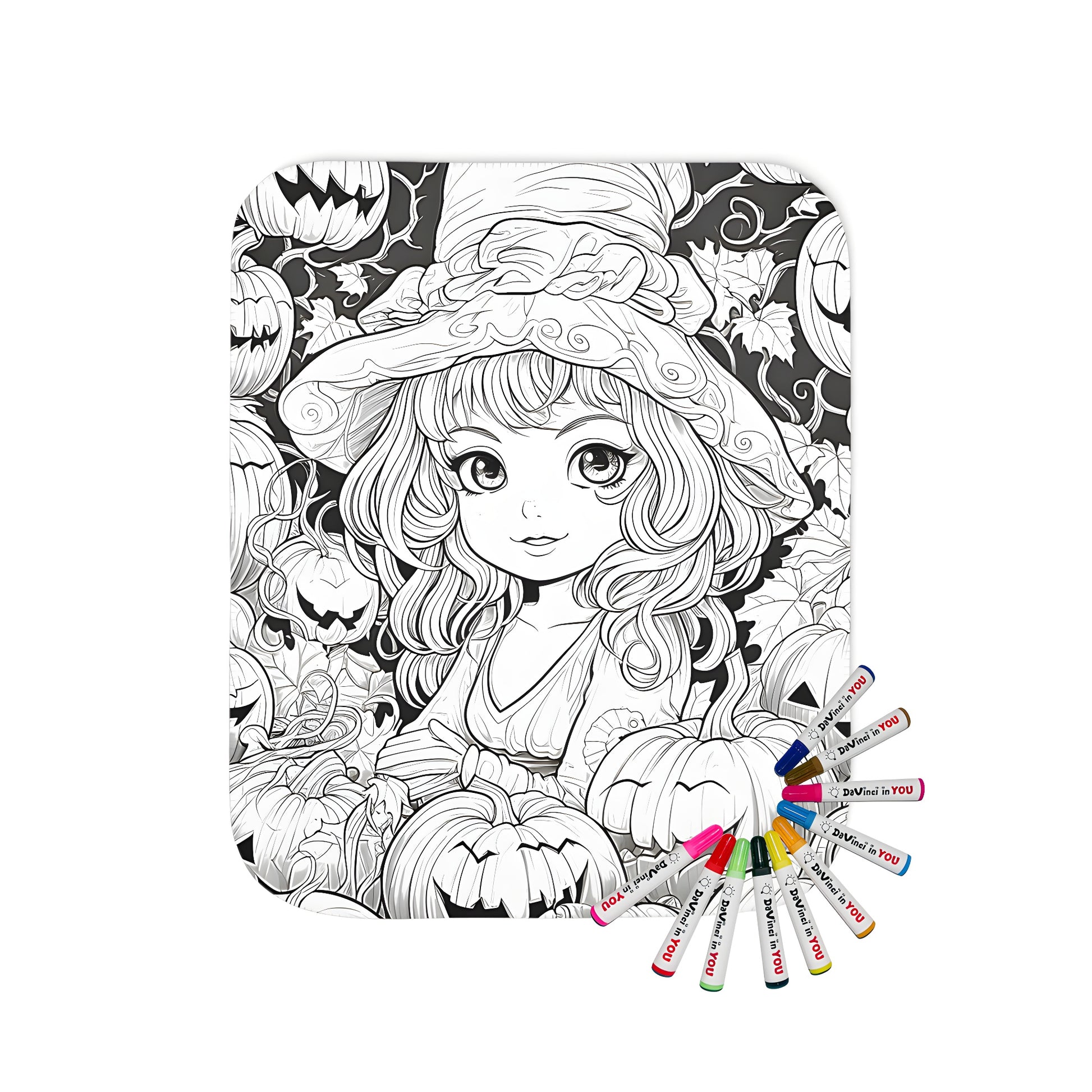 Cozy blanket featuring a witch-themed coloring page design with carved pumpkins, perfect for fall decorations. Includes soft fabric markers for a personalized touch.