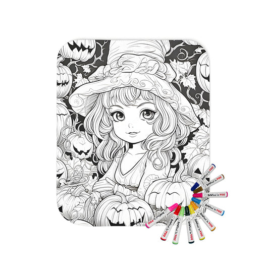 Cozy blanket featuring a witch-themed coloring page design with carved pumpkins, perfect for fall decorations. Includes soft fabric markers for a personalized touch.