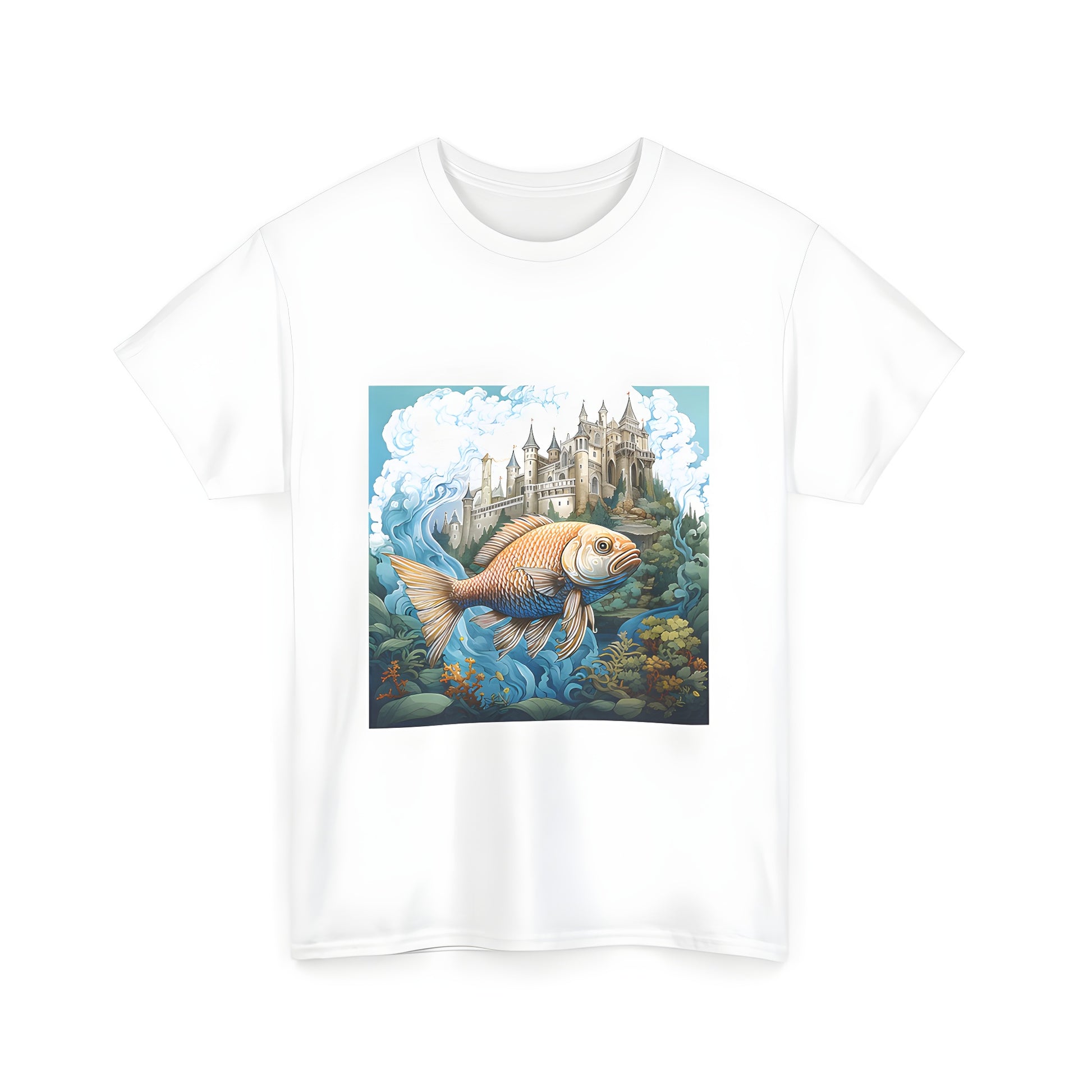 Colorful Unisex T-shirt featuring an underwater scene of a large fish swimming near a majestic castle perched on a cliff